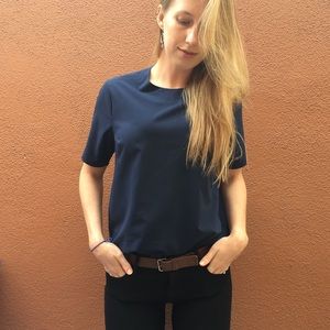 Partial Zip Back Navy Boxy Blouse